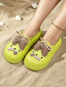 Women's Cute Bow Thick Bottom Wooden Sole Slippers, Soft Padded Closed Toe Thick Bottom Mules With Pendant Decoration, Comfortable Slip-On Casual Beach Pool Gardening Work Shoes - Green - View 2