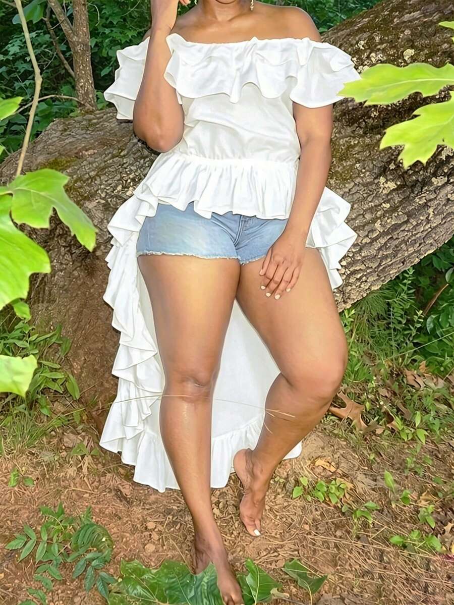 Women's Fashion Ruffle Off-Shoulder Top White Summer - White - View 1