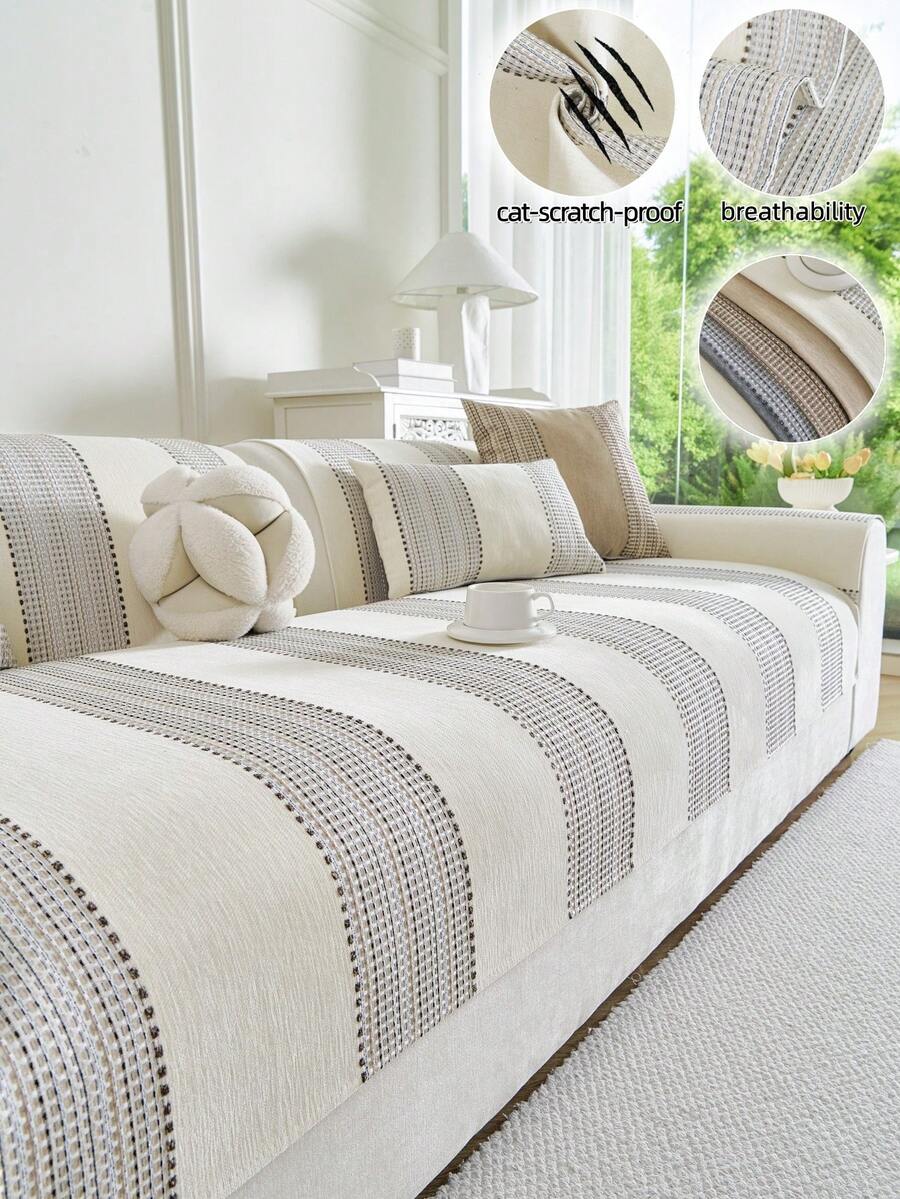 1 Vỏ gối sofa kẻ sọc jacquard chenille, phong cách tối giản, dùng được cả bốn mùa, chống trượt, chống bụi, chống nhăn, chống mài mòn, chống trầy xước do mèo cào, chăn sofa, khăn trải sofa, phù hợp với sofa 1-4 chỗ và sofa hình chữ L. - Màu be - Xem 1