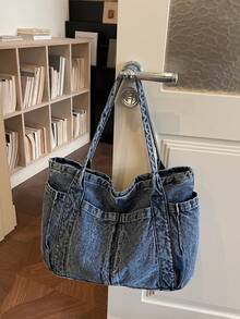 1 chiếc túi tote nữ kiểu dáng thường ngày, đeo một bên vai, chất liệu denim canvas, dung tích lớn, màu trơn, thiết kế nhiều ngăn, thời trang và đa năng, thích hợp cho các hoạt động ngoài trời, mua sắm, đi làm. - Xanh đậm - Xem 9