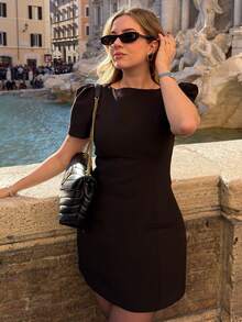 HH Short Puff Sleeve Evening Dress, Women's High Waist Round Neck A-Line Black Elegant Gown Summer - Black - View 10