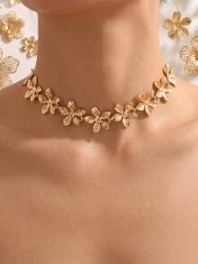 1pc Summer Elegant Gold Flower Necklace, Fashionable Versatile Sweet Style Jewelry For Women, Suitable For Daily Wear, Dates, And Photo Shoots. Chain Length Can Be Customized By Cutting Desired Number Of Links. - Gold - View 1