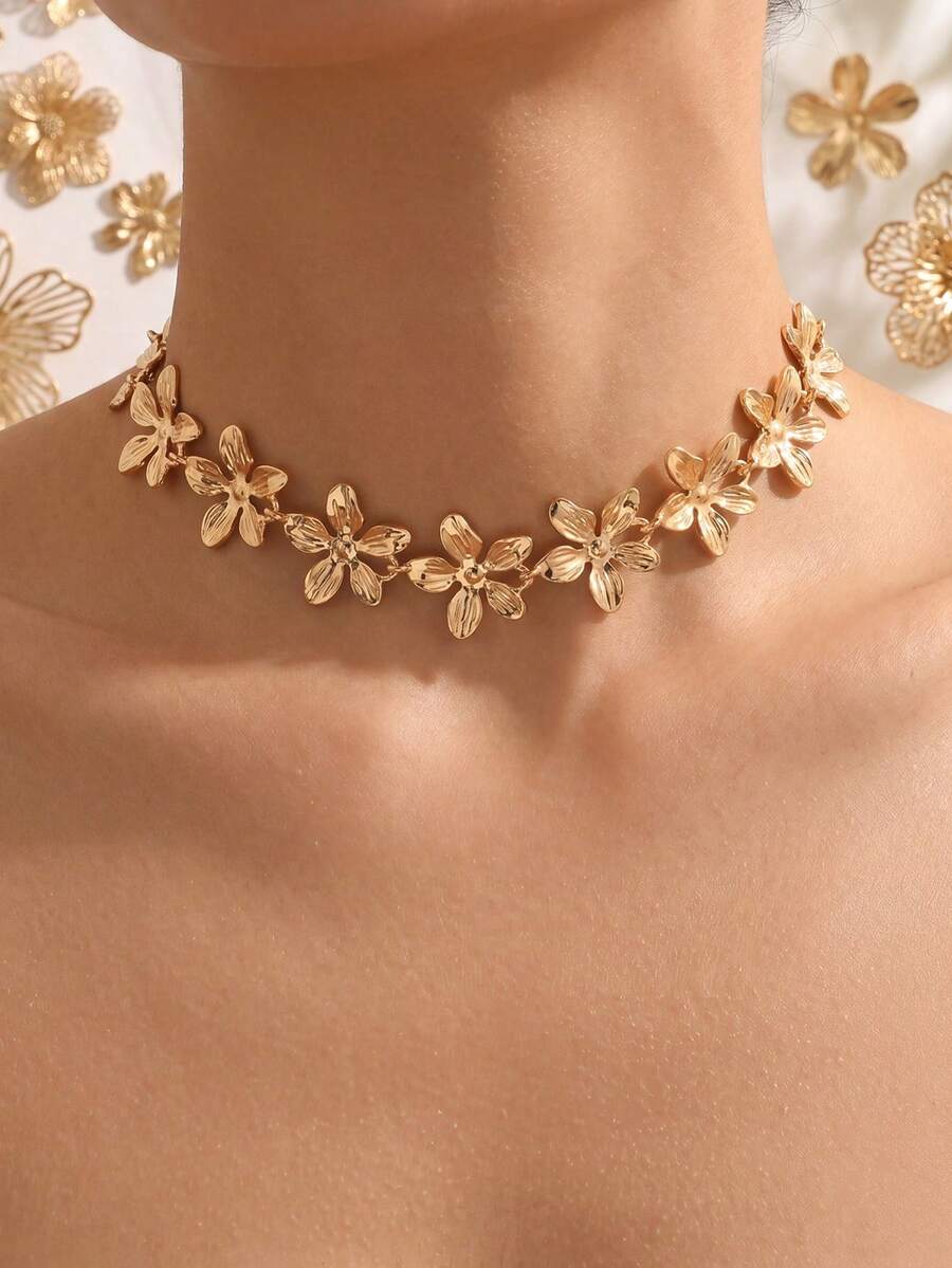 1pc Summer Elegant Gold Flower Necklace, Fashionable Versatile Sweet Style Jewelry For Women, Suitable For Daily Wear, Dates, And Photo Shoots. Chain Length Can Be Customized By Cutting Desired Number Of Links. - Gold - View 1