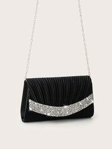REMANLAND Mini Shiny Chain Folding Pleated Square Clutch Bag, Rhinestone Embellished Evening Bag, Perfect Match For Women's Ball Gown, Ball Accessories, Sequin Dress, Shiny Dress, Elegant Dress, Elegant Ball Bag, Perfect For Bridesmaids, Suitable For Wedding Reception, Party, Wedding, Ball, Banquet/Gala Occasions. - Black - View 3