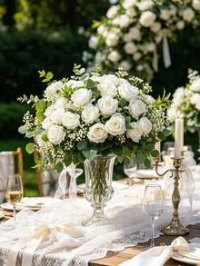 1pc Artificial Silk Rose Bouquet, Suitable For Home, Restaurant, Bedroom Decor, Holiday, Birthday Party, Outdoor Garden, Wedding Party Decor, Living Room Tabletop Centerpiece, Realistic Faux Plant, Can Be Used As Vase Filler, Balcony Wall Decor, Home Office Room Holiday Decoration. - White - View 8