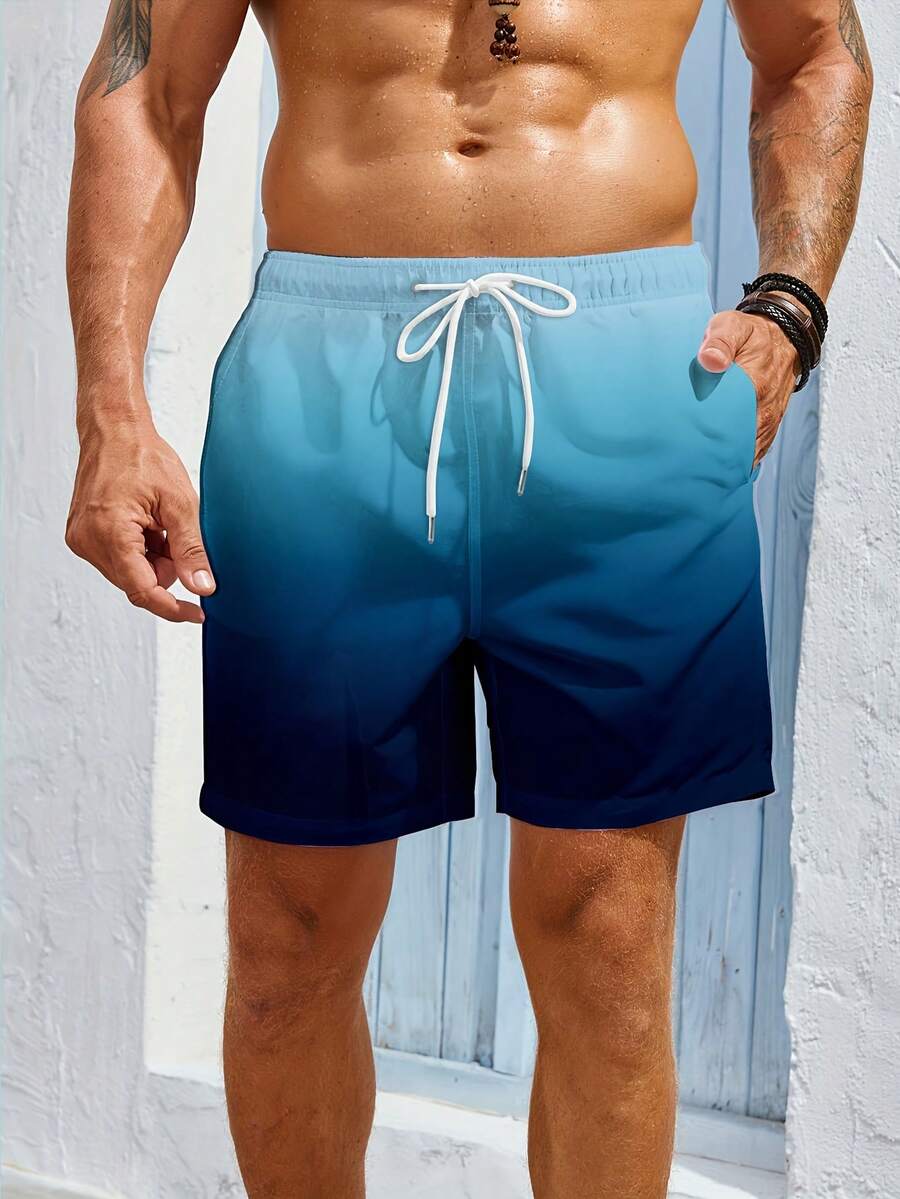 Summer Quick Drying Beach Shorts With Pocket Drawstring Elastic Waist Design, Loose And Breathable Quick Drying Five Quarter Pants, Hawaiian Style Beach Vacation Surfing Swimming Sports Pants, Beach Pants Suitable For Daily Leisure Free Shipping - Peacock Blue - 查看 1
