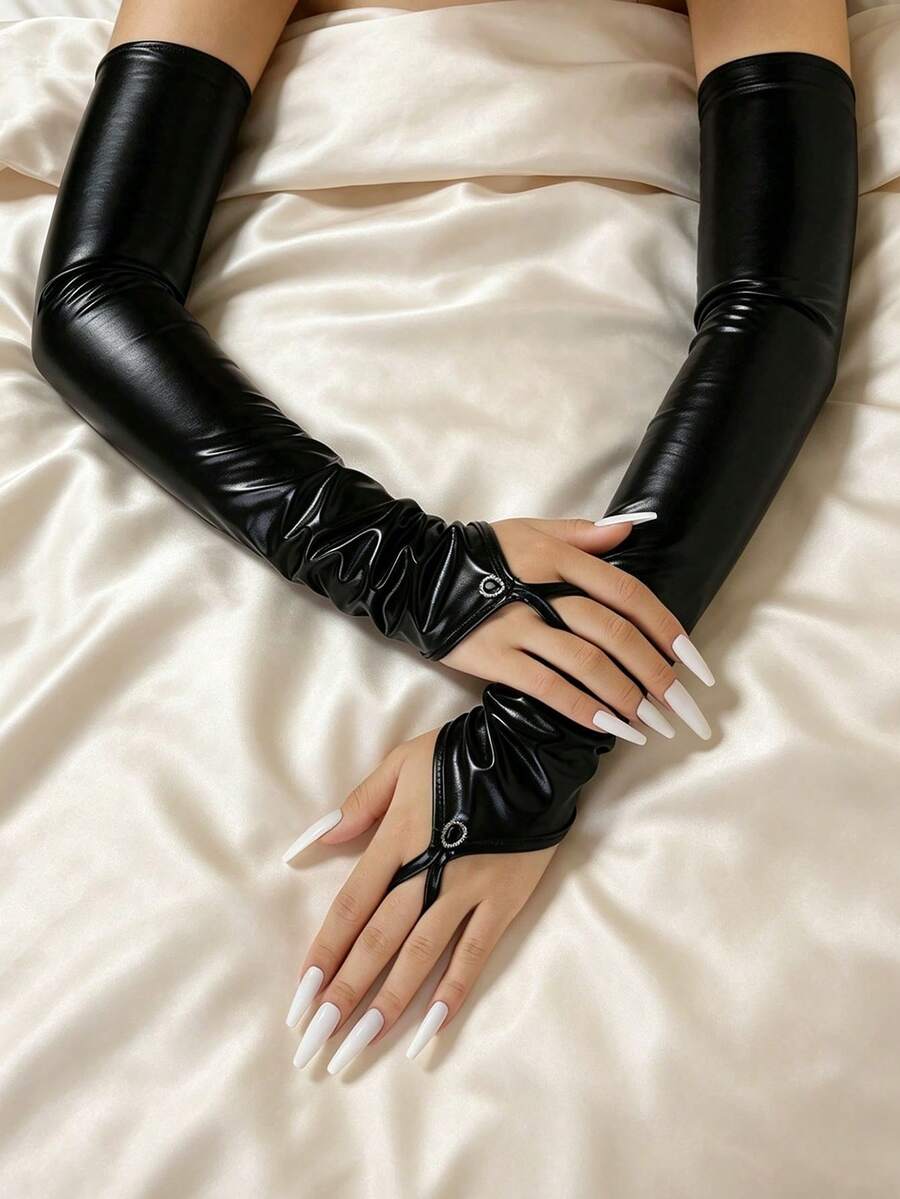 1 双女士长款露指手套,弹力护臂,适合日常穿着、婚礼、派对等场合,黑色臂套,女士手套 - 黑色 - 查看 1
