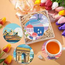 8 piezas Posavasos de pintura de diamantes, hermosos posavasos de pintura de diamantes de paisaje con soporte, kit de manualidades de arte de diamantes, juego de mosaico DIY para adultos con perforación completa, adecuado para principiantes, arte de diamantes completo para adultos, regalo perfecto para fiestas y aniversarios - Multicolor - Ver 4