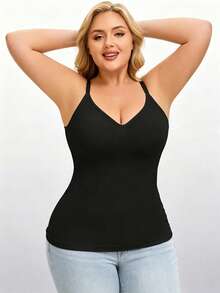 1 pieza Camiseta de tirantes EssElegance talla grande, adecuada para primavera/verano, todo el año, deportes, sujetador deportivo talla grande, camiseta deportiva talla grande, acanalada, espalda de tirantes - Negro - Ver 3