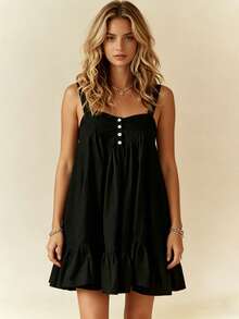 Women Slip Dress, Sleeveless Pleated Ruffled Solid Loose Summer Dress Mini Dress Suitable For Daily Look And Dating Occasions - Black - View 4