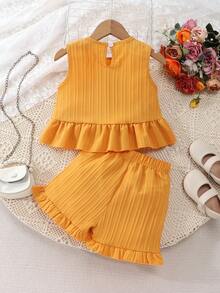 2pcs/Set Girls' Summer Sleeveless Top And Shorts Set, Fashionable Lace Ruffle Design, Comfortable Breathable, Essential For Outdoor Wear - Yellow - View 2
