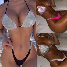 Solid Color Sexy Rhinestone Bikini Two-Piece Swimsuit Women's Beachwear - 白色 - 查看 2