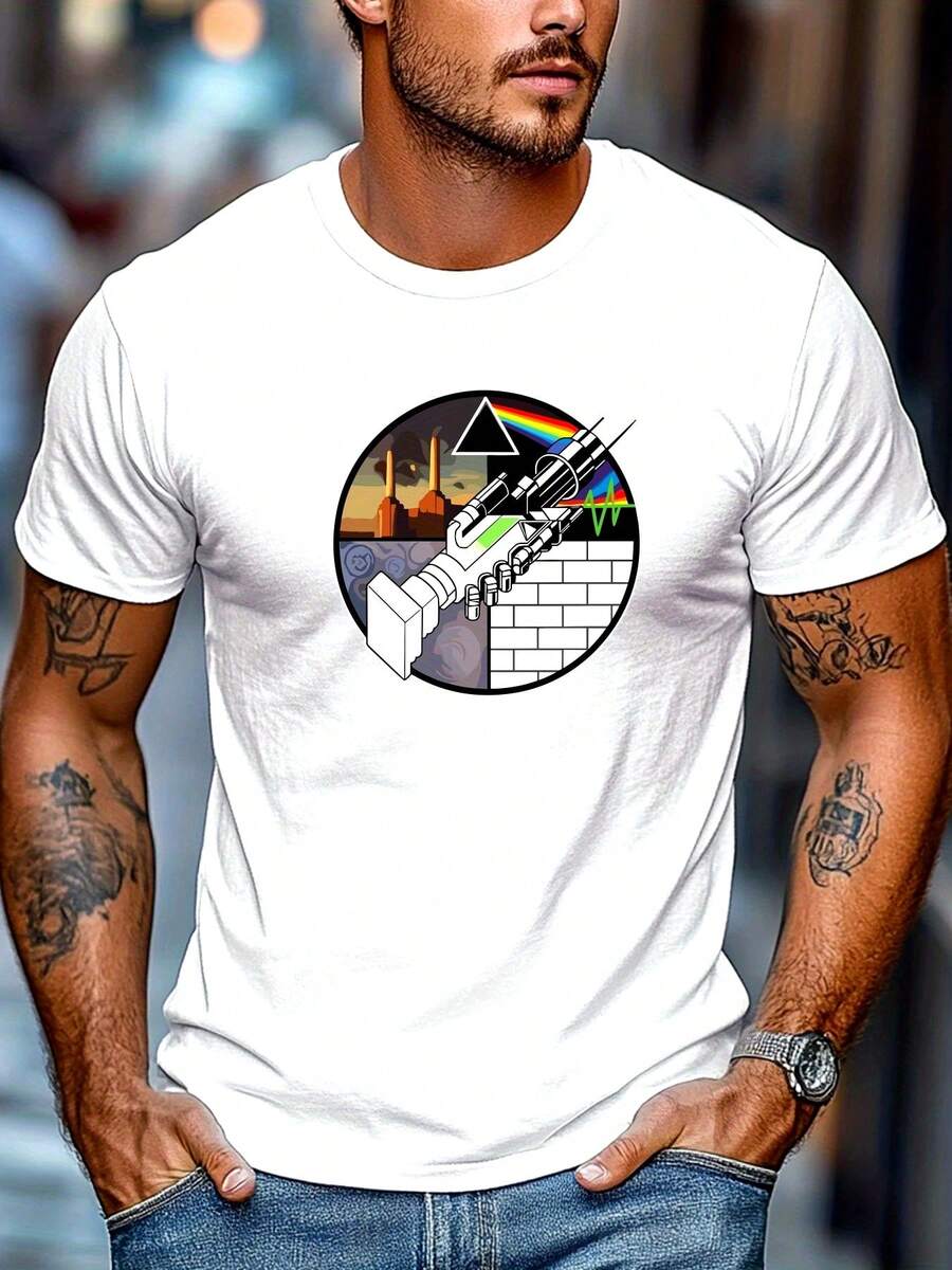 T-shirt à motifs pour hommes - Motif d'instrument spatial vert foncé avec prisme arc-en-ciel, t-shirt léger d'été adapté aux concerts, festivals et occasions décontractées - Chemise décontractée respirante pour les fans de science-fiction et de musique - Blanc - Voir 1