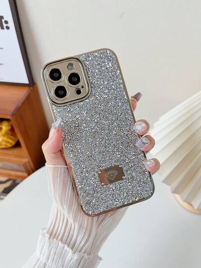1 pieza Funda de teléfono de unicolor con baño de plata y diamantes de imitación, a prueba de golpes, 2 en 1, apta para iPhone 15 Pro Max/17 Pro Max/17 Ari