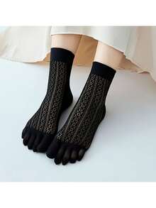 2 Pairs Women's Breathable Mesh Five Finger Socks, Thin Moisture-Wicking Mid-Calf Socks For Spring/Summer - Multicolor - View 3