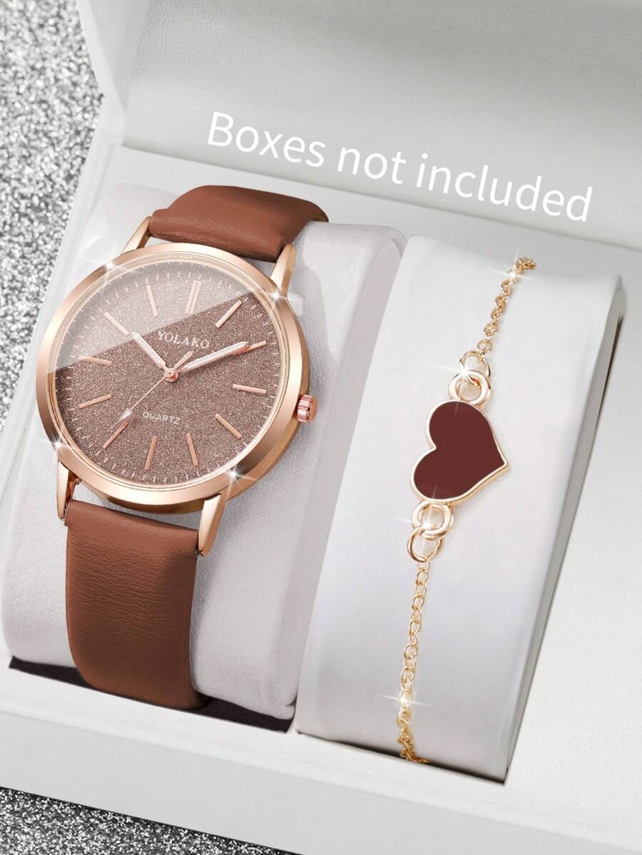 Set de 2 piezas: Reloj de pulsera de mujer de cuarzo con esfera minimalista + Pulsera con dije de corazón, sin caja de reloj incluida - Marrón - Ver 1
