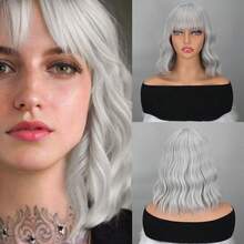 Short Wavy Shoulder Length Women Full Bang Heat Resistant Wig (Black And White) - 彩色 - 查看 13