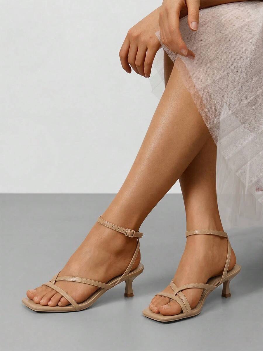 Tacones De Mujer Strappy Kitten Heels Square Toe Ankle Strap Sandals Dressy Party Shoes - Camel - View 1