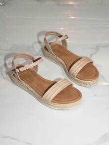 Women's Fashion Solid Color Casual Thick-Soled Sandals, Apricot Color Hemp Rope Material Strap Decor, Bohemian Holiday Retro Wedge Sandals, Canvas Sole Ankle Strap Sandals, Spring Summer Shoes Spring Break Easter - Apricot - View 6