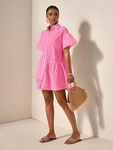 Vestido casual de verano suelto y simple con botones en la cintura - Rosa - Ver 12
