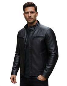 Men's Slim Fit Leather Jacket, Durable Winter Sweater - màu đen - Xem 2