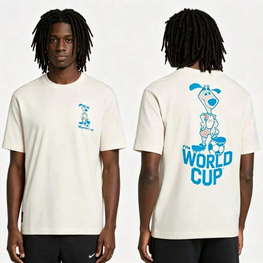 World Cup Full Body Protection 2026 Officially Authorized Mascot Print Beige Loose Casual Sports Short-Sleeve T-Shirt Simple And Elegant Football Tournament - trắng - Xem 1