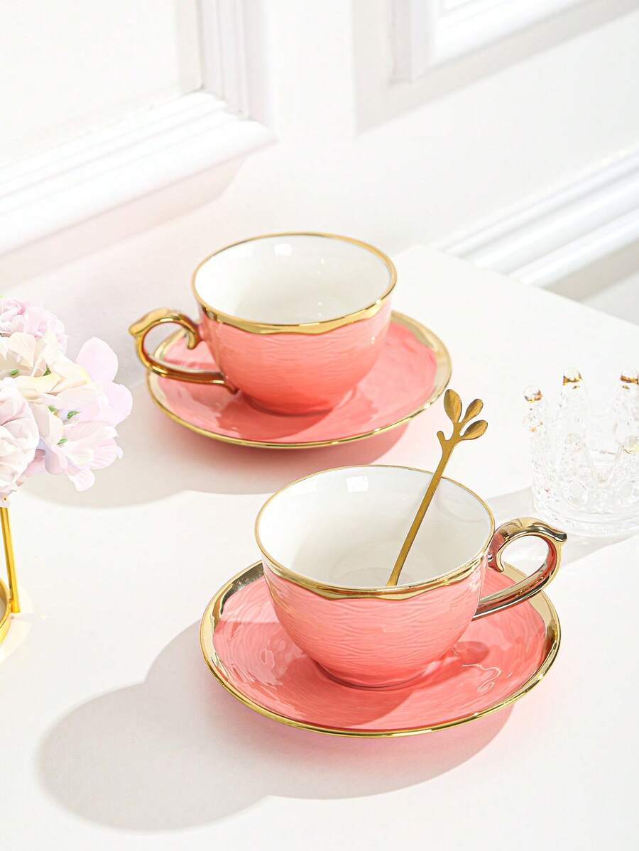 3件套（1个杯子、1个碟子、1个勺子）陶瓷咖啡杯碟套装，适用于茶、咖啡、牛奶、果汁，也适合婚礼、派对、礼品、生日等场合。 - 彩色 - 查看 1