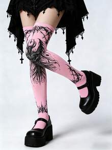 1 đôi tất cao đến đùi in hình xăm quỷ Gothic, phong cách văn hóa ngầm đen tối và ngọt ngào, tất ôm sát qua đầu gối, trang phục cá tính, phù hợp cho mặc hàng ngày và Halloween. - Nhiều màu - Xem 2
