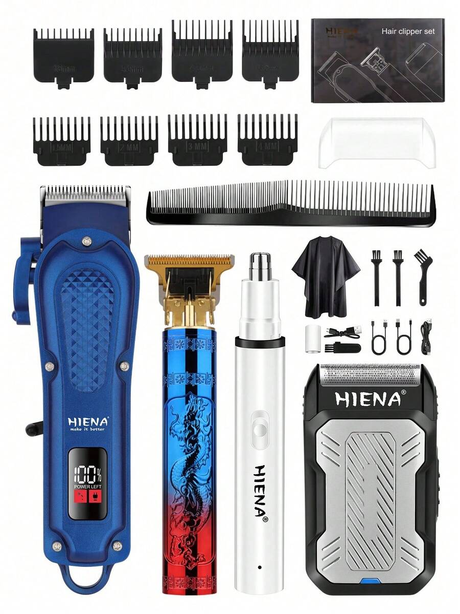 HIENA Men's 4-Piece Hair Clipper Set Beard Trimmer + Electric Clipper Available Individually/As A Set Professional Hair Beard Sideburn Trimming Tool Holiday Gift - Blue - View 1