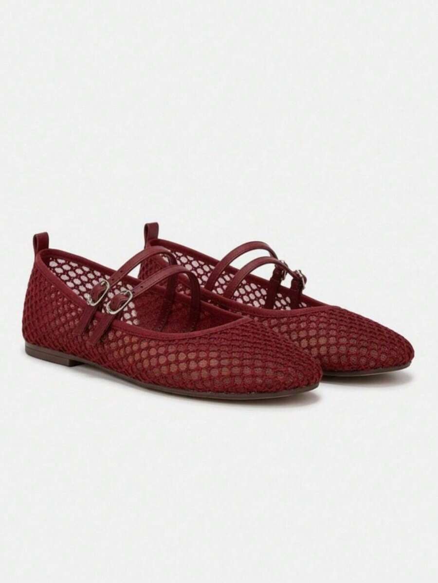 Women's Round Toe Mesh Buckle Flat Ballet Shoes, New Casual Versatile Design, Summer Shoes - Burgundy - View 1