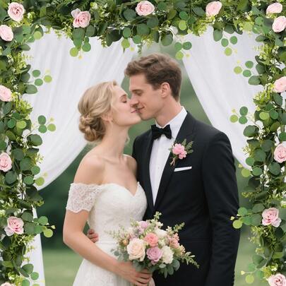 Dây trang trí giả bằng lá bạch đàn dài 1,8m (6FT) kèm hoa, 6 bông hồng trắng và hoa baby's breath. Dây hoa giả, dây trang trí cây xanh cho đám cưới, mùa xuân, nhà cửa, tiệc tùng, đồ thủ công mỹ nghệ, trang trí bàn tiệc, trang trí mùa thu.