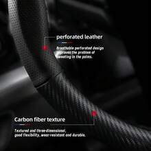 Hocasen 碳纤维纹理皮革和透气PU皮革方向盘套,适用于特斯拉Model S/Model 3/Model Y/Model X/Model Y L及其他车型,颜色可选:黑色、酒红色、摩卡色、橙色 - Perforated Steering Wheel Cover - 查看 5