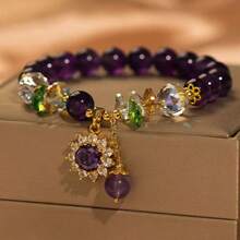 1pc Women's Luxury Natural Amethyst Beaded Bracelet, Colorful Crystal & Zirconia Sun Flower Pendant, Unique High-End Charm Bracelet, European & American Ins Style Versatile Accessory - Multicolor - View 3