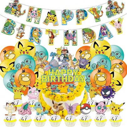  Bộ trang trí tiệc sinh nhật chủ đề Pokemon - Bao gồm băng rôn "Chúc mừng sinh nhật" và phụ kiện trang trí bánh: Những vật dụng hoàn hảo cho một bữa tiệc theo chủ đề anime và là món quà lý tưởng cho các dịp sinh nhật nhân vật hoạt hình.