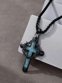Collar con colgante de cruz de turquesa para hombre, combinado con diseño de corona de espinas y cruz, estilo punk retro, adecuado como regalo - Plata antigua - Ver 4