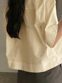 夏季复古极简主义 Polo 领双拉链设计衬衫 - 杏色 - 查看 5