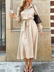 1件杏色優雅女款豹紋全身印花中長襯衫洋裝，前綁帶設計，領口，打造洗練度假風 - 杏色 - 查看 1