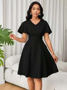 Lunessa Vestido mini elegante de manga corta con volantes en el bajo y corte evasé de un solo color para mujer - verde menta - Ver 9
