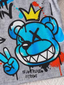 2pcs/Set Summer Bear Crown & Letter Print Round Neck Short Sleeve Top And Shorts Set, 3-7 Years Old, Suitable For Sports, Casual, Outdoor Activities - Grey - View 6