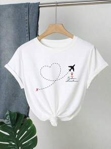 国内発送 100%綿 レディース tシャツ 半袖 飛行機ハートプリント ゆったり 丸首 カジュアル 夏服 春夏百搭 お出かけ/ギフト - ホワイト - チェックする 1