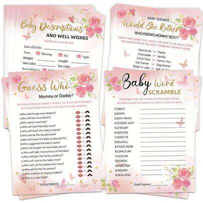 10/30 Pcs Baby Shower Games For Girl, 4 Fun Games For Guests, Who Knows Mommy Best, Who Mommy Or Daddy, Word Scramble, Babies Descriptions & Well Wishes, Pink Floral Baby Shower Decorations(Game Cards/Spelling Cards Available)