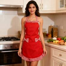 Cute Plaid Bow Apron, Soft & Comfortable, Non-Sweating. Halter Design Fits Body Shape, With Pocket For Small Items, Ruffled Hem + Contrast Plaid Decor, Stylish & Easy To Maintain, Essential For Kitchen Cooking, Baking, And Household Chores - Red and White Checkered Apron With a Bow - View 9