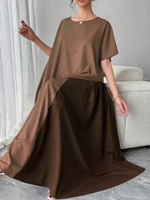 Autumn/Winter New Women's Round Neck Batwing Sleeve Asymmetric Dress Elastic Waist Skirt Colorblock 2-Piece Set, Purple Elegant Luxury Party Gathering Cocktail Dress Long Skirt, Fashion Loose Women's Outfit - Coffee Brown - View 3