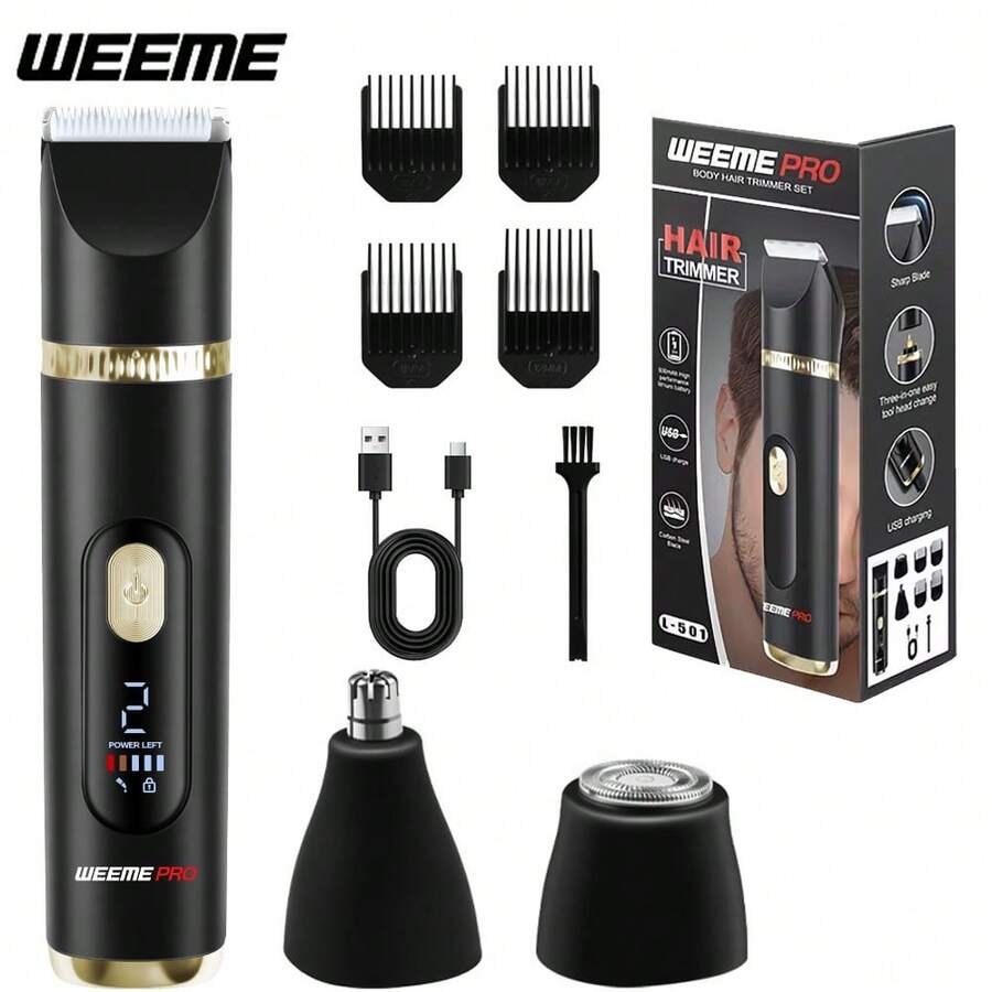 WEEME 三合一电动比基尼修剪器,男士无痛电动剃须刀,带可替换刀头和鼻毛修剪器,面部和身体护理,可充电旅行套装,送给男友或丈夫的礼物 - 黑色 - 查看 1