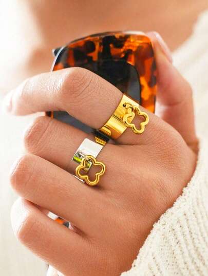 Uself 2pcs/1pc Vintage Stainless Steel Four-Leaf Clover Ring, 18K Gold Plated Jewelry For Women, Four-Leaf Clover Ring Gift, Women's Charming Summer Beach Accessory, Women's Ring, Western Jewelry, Mother's Day Gift, Women's Jewelry, Teacher's Day Gift