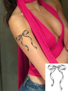 1 Set Bowknot Line Drawing Temporary Tattoo, Waterproof & Long-Lasting, Decorative Tattoo Sticker For Arm/Shoulder, Ins Style - Black - View 6