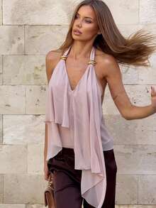 Hugcitar 2026 Top Corto de Gasa con Cuello Halter, Volantes, Espalda Descubierta y Fruncido, Sexy y Ajustado, para Verano, Primavera, Ropa de Mujer, Vacaciones en la Playa - Rosa - Ver 4