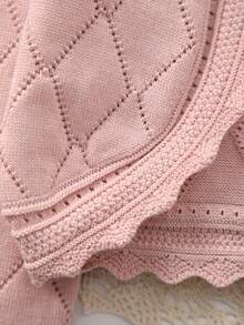Girls' Spring Elegant Hollow Design Argyle Pattern + Lace Trim Knit Cardigan, Soft And Sweet, Suitable For Daily Wear Or Outings - Pink - View 4