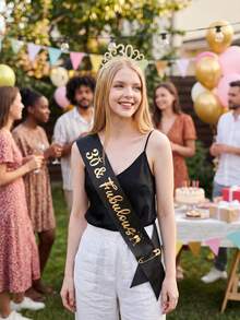 2 Peças Conjunto de Acessórios para o 30º Aniversário, Tiara de Cristal Dourada e Faixa Preta com Glitter e Alfinete de Pérola para Festa de 30 Anos Dela - Visão 3