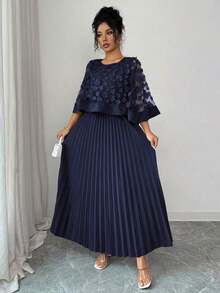 Vestido con decoración floral elegante y bajo plisado, adecuado para bodas, fiestas de cumpleaños y otras ocasiones, otoño - Azul marino - Ver 5